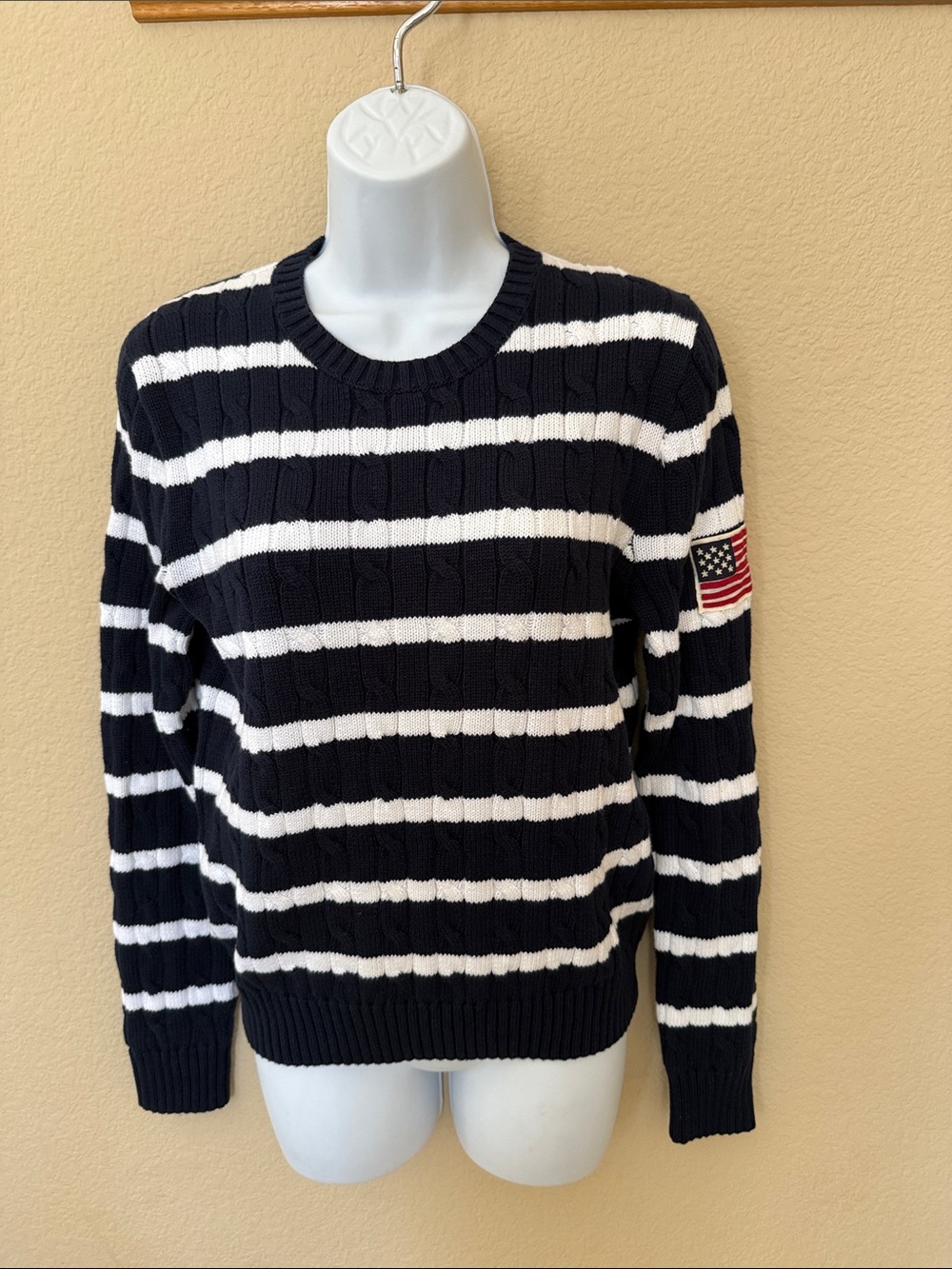 Ralph Lauren Polo Navy White Striped Cable Knit Crewneck Sweater US Flag Patch M